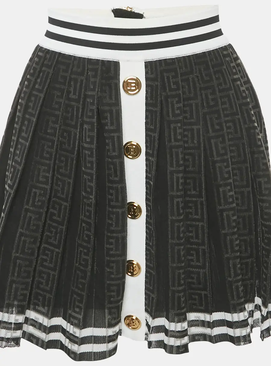 Balmain Black Monogram Mesh Pleated Mini Skirt S