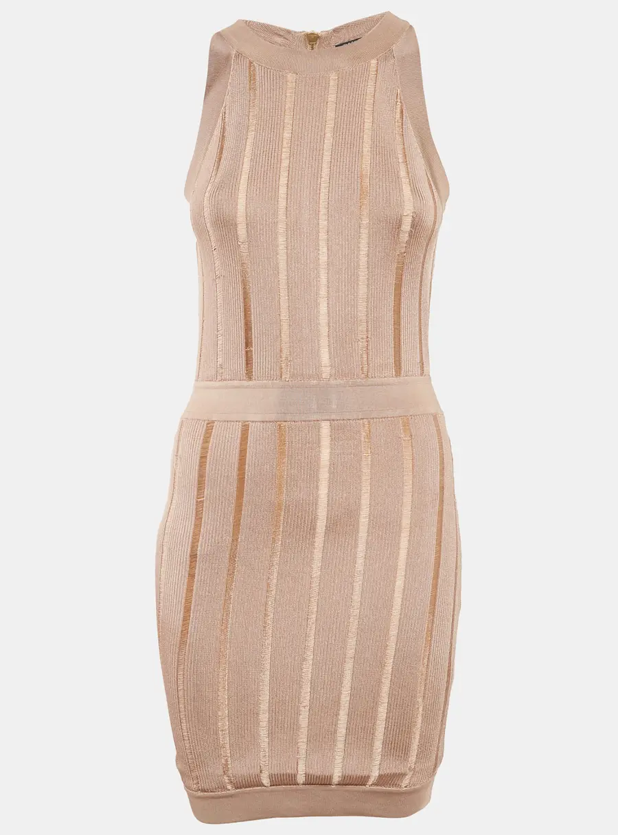 Balmain Dark Beige Stretch Knit Sleeveless Bodycon Mini Dress S