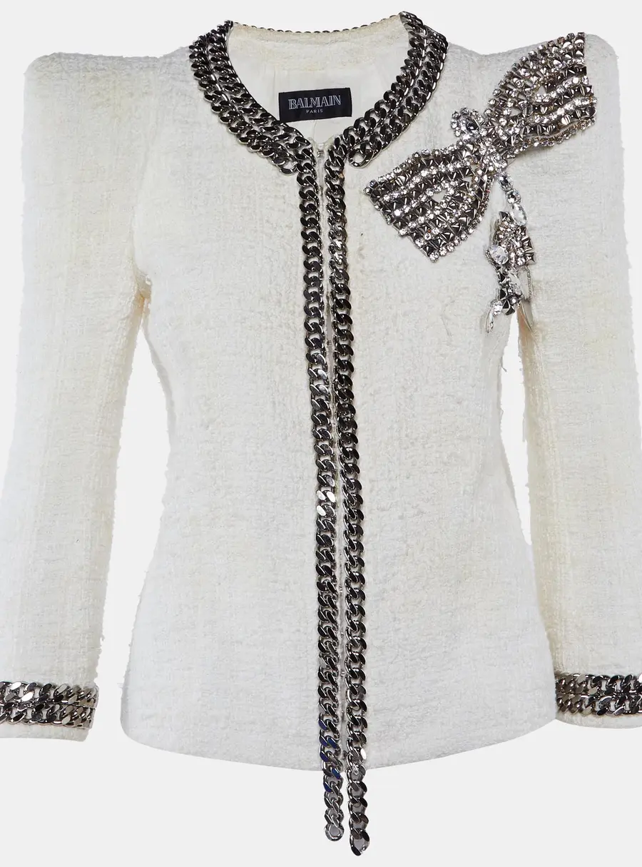 Balmain Ivory Tweed Chain & Bow Embellished Jacket L