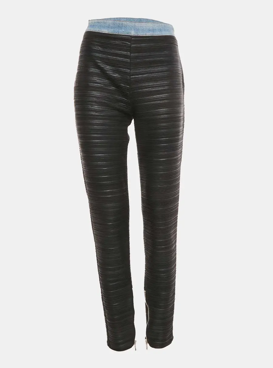Balmain Black Denim Waist Trim Stretch Crepe Pleated Pants L