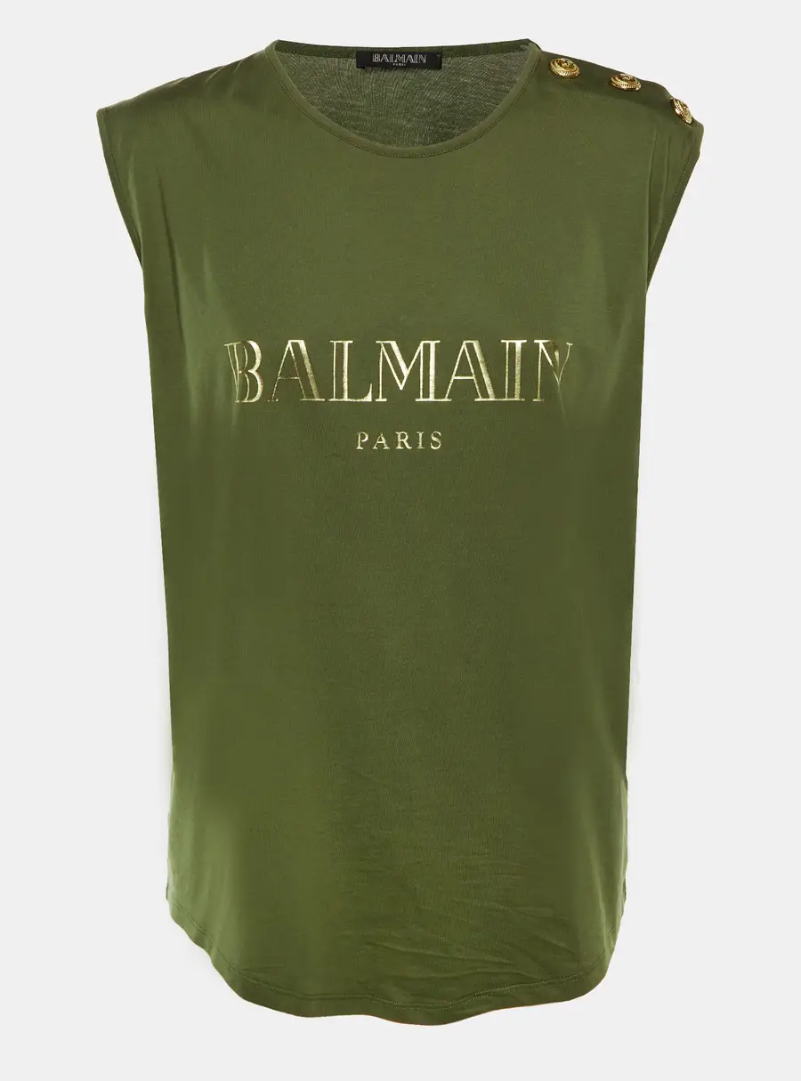 Balmain Olive Green Logo Print Cotton Sleeveless T-Shirt L