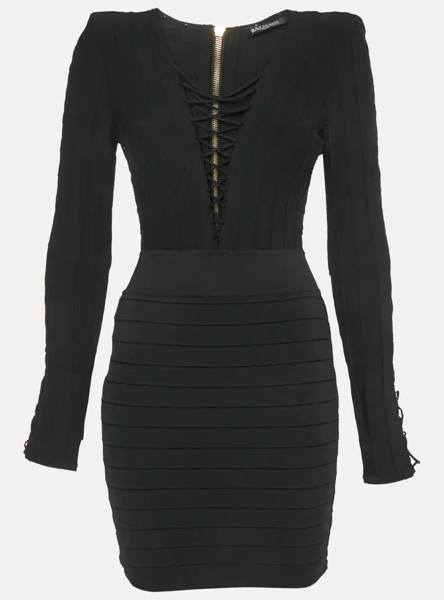Balmain Black Knit Lace-Up Long Sleeve Mini Dress S