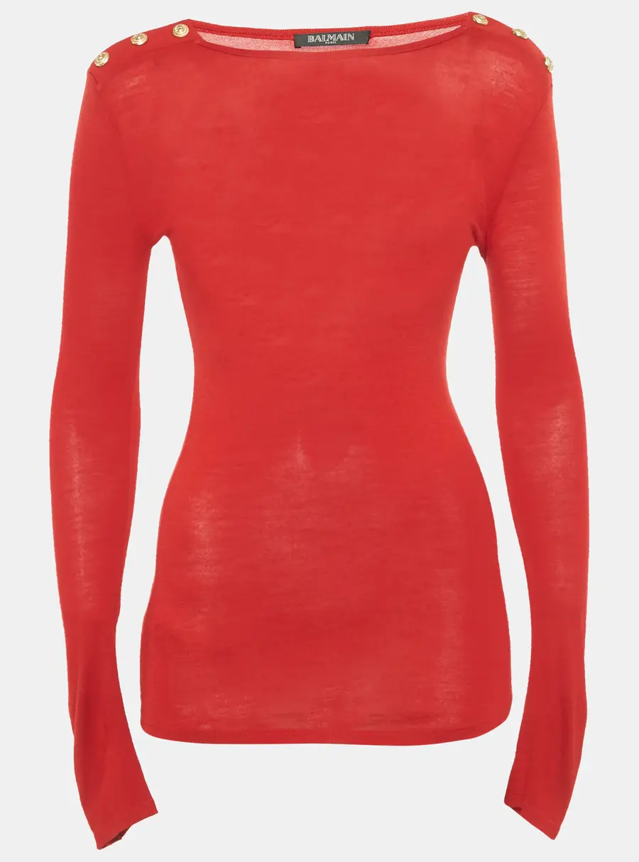 Balmain Red Wool Button Detail Long Sleeve Sweater S