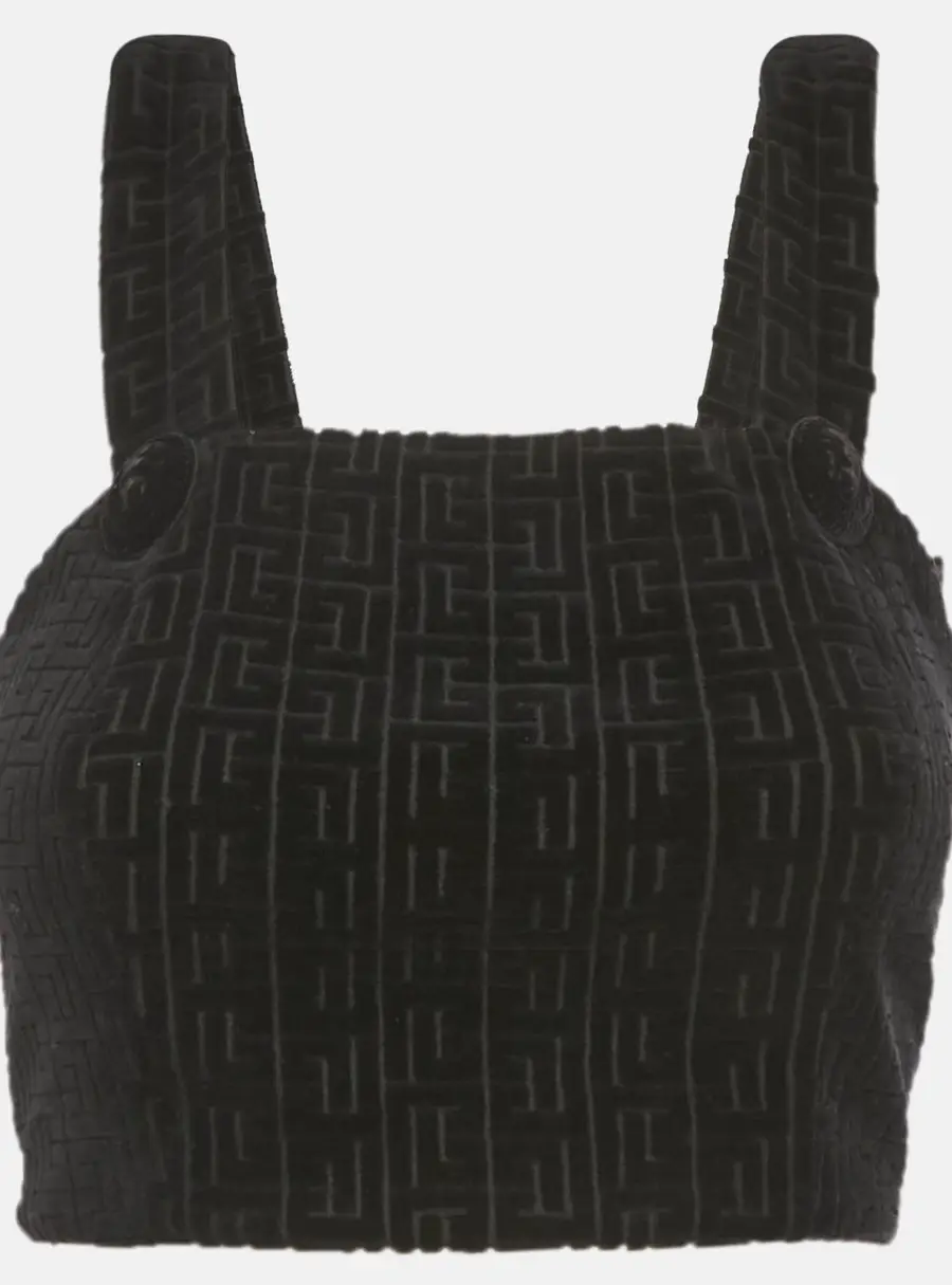 Balmain Black Patterned Velvet Crop Top S