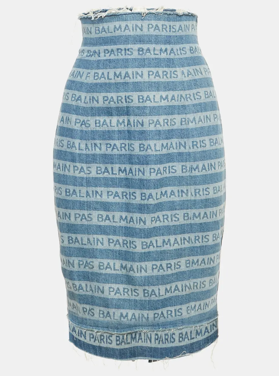Balmain Blue Striped Logo Raw Edge Denim Skirt S Waist 26"