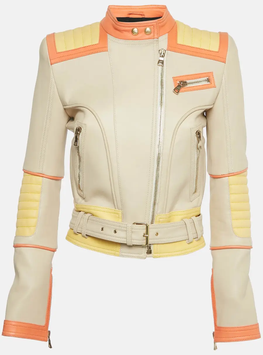 Balmain Beige Leather Zip Up Biker Jacket S