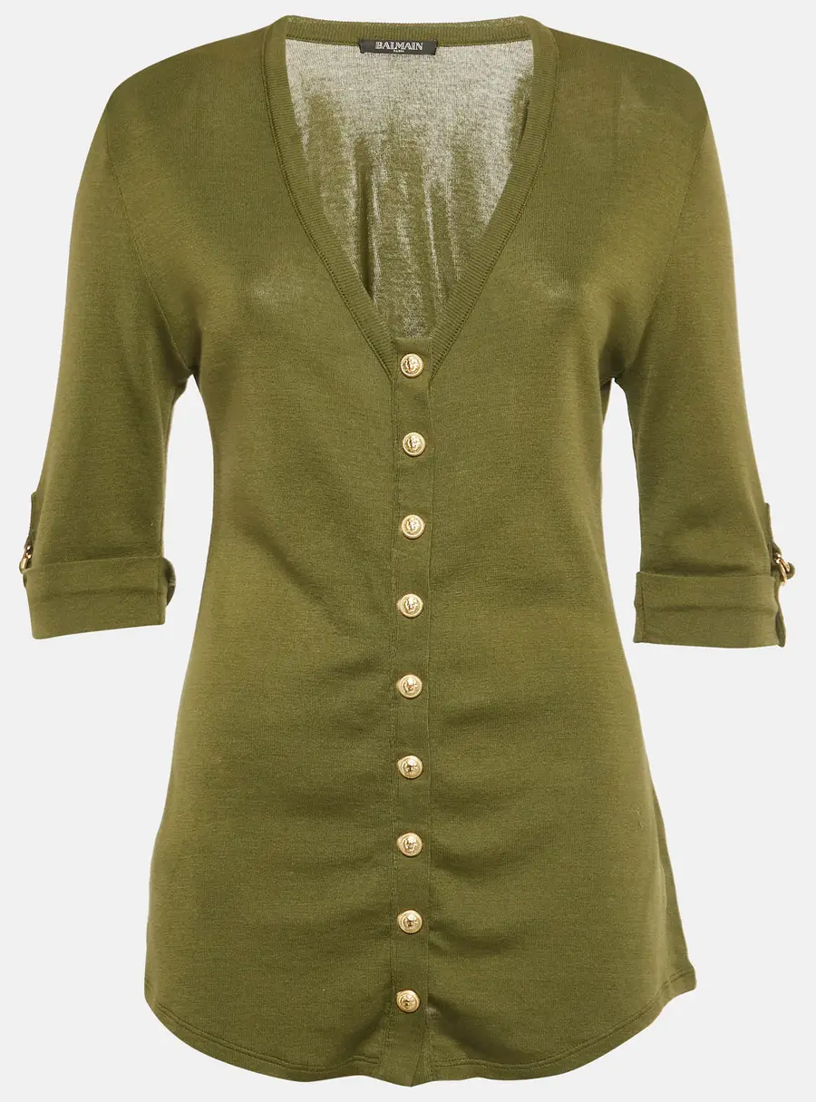 Balmain Olive Green Cotton Knit Top M