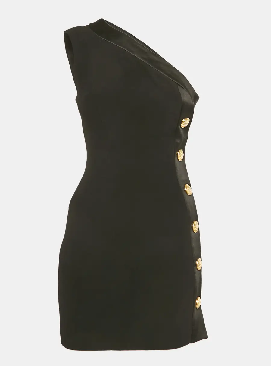 Balmain Black Crepe Button Detail One Shoulder Mini Dress S