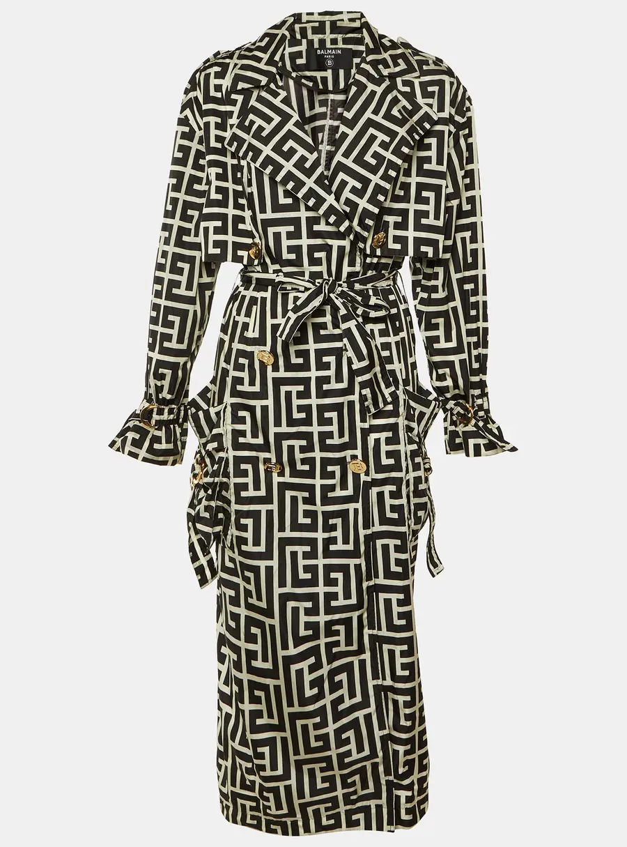 Balmain Black Monogram Print Nylon Double Breasted Coat S
