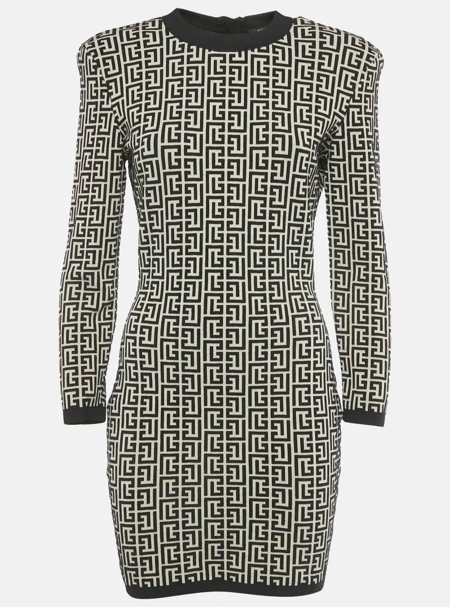 Balmain Beige/Black Monogram Knit Bodycon Dress M