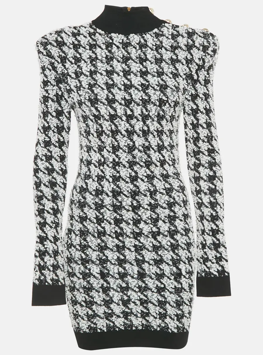 Balmain Black/White Houndstooth Tweed Bodycon Dress S