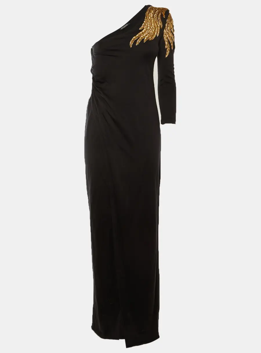 Balmain Black Embellished Detail Jersey One Shoulder Maxi Dress M