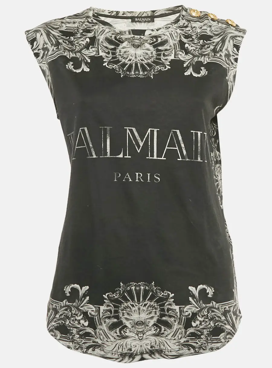 Balmain Black Print Cotton Sleeveless Top M