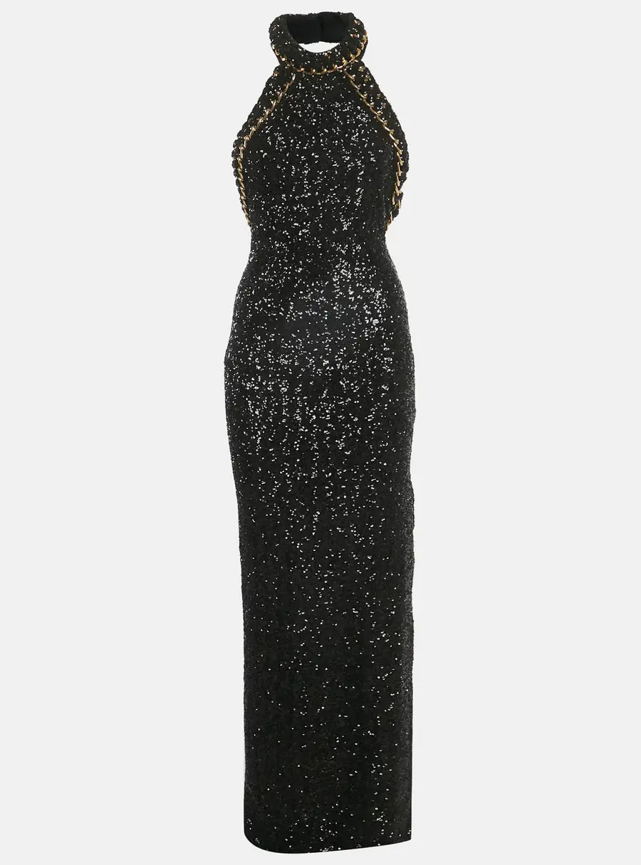 Balmain Black Sequin Chain Detail Halter Neck Maxi Dress M