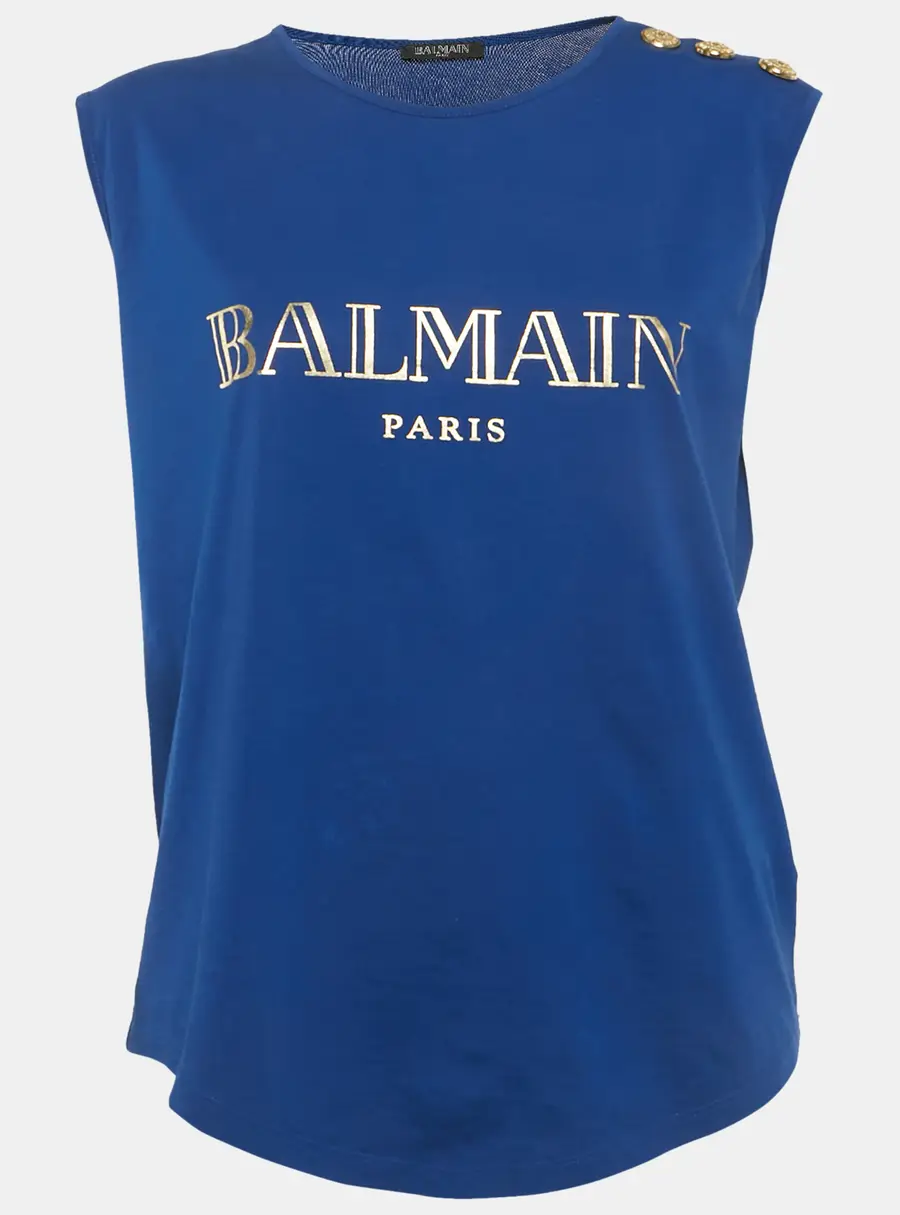 Balmain Blue Logo Print Cotton Tank Top M