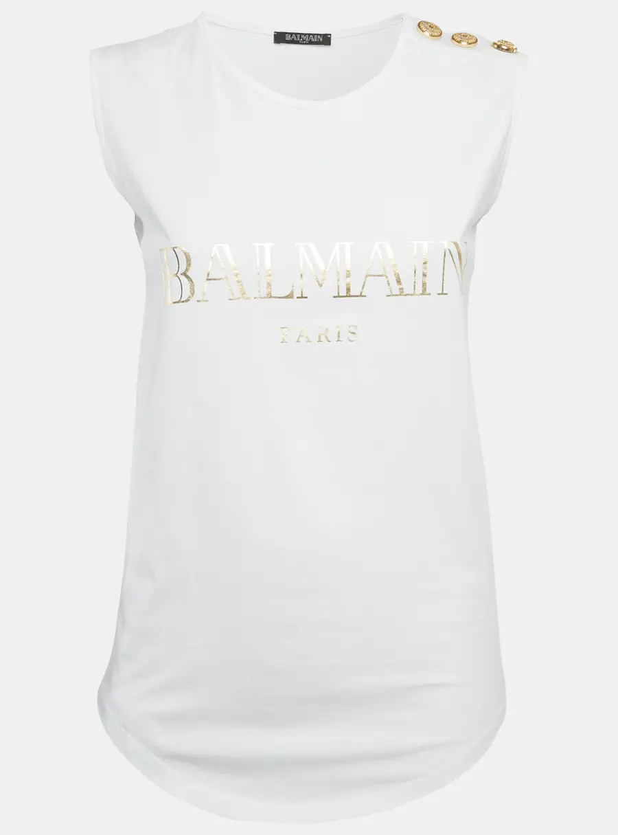 Balmain White Logo Print Jersey Sleeveless T-Shirt S