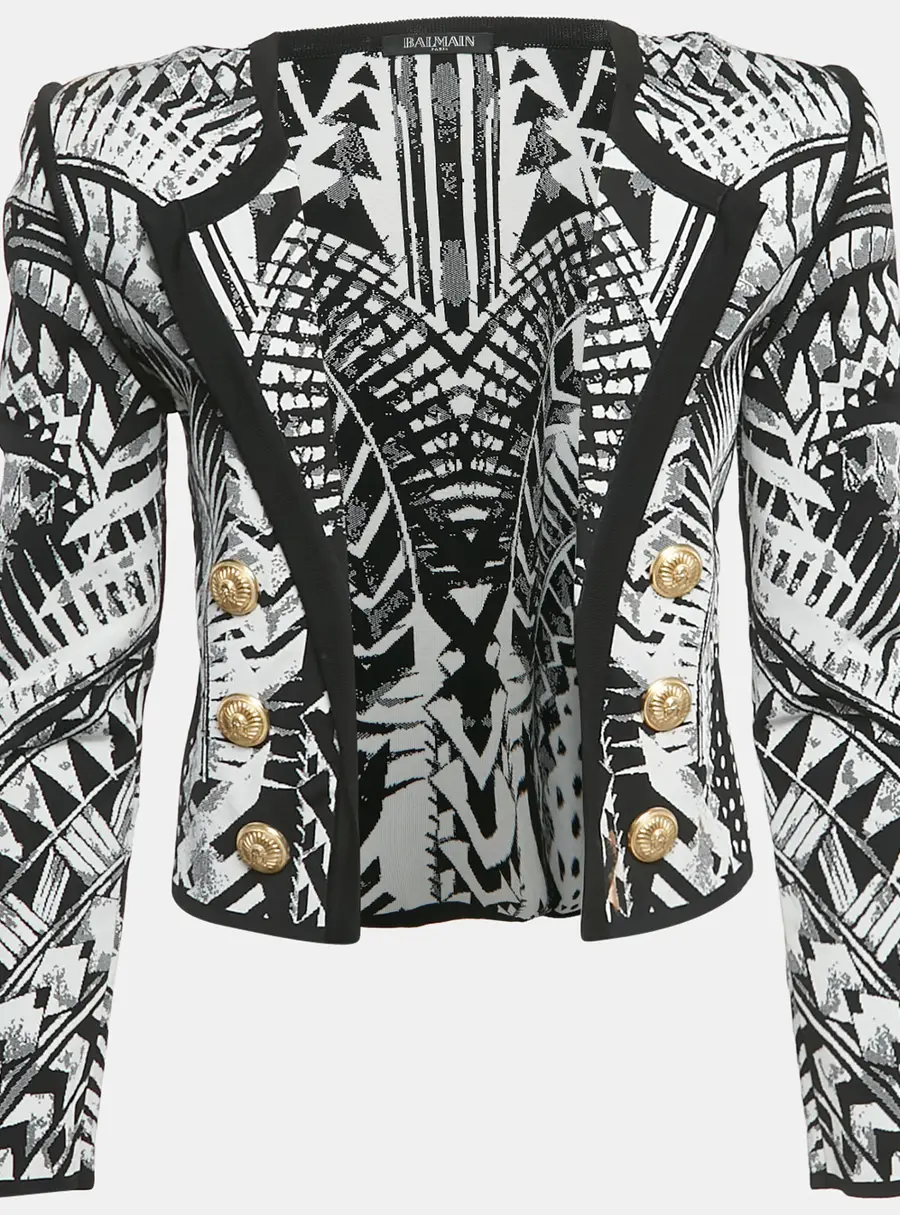Balmain Monochrome Folkloric Patterned Jacquard Open Front Blazer M