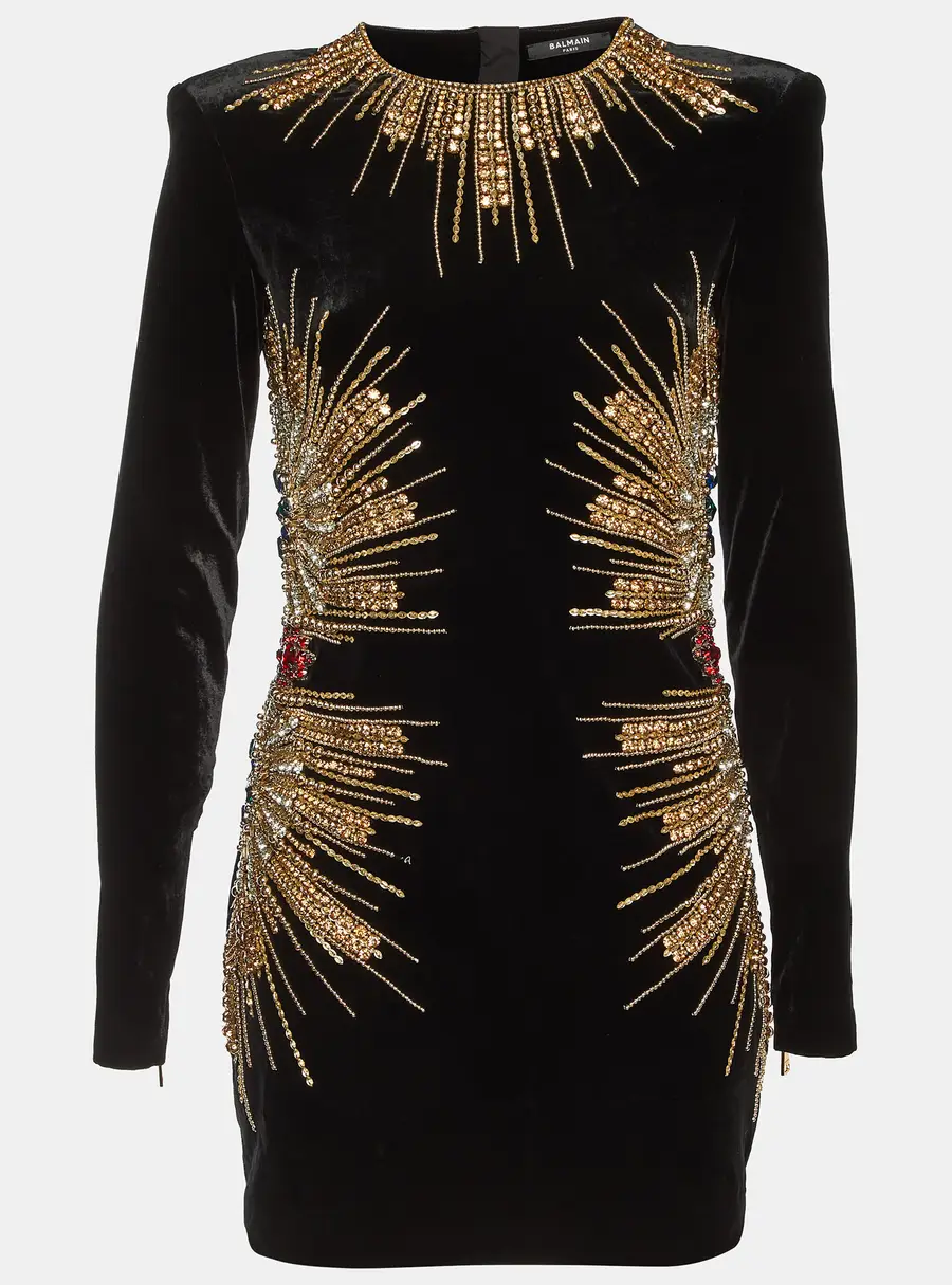 Balmain Black Velvet Embellished Mini Dress M