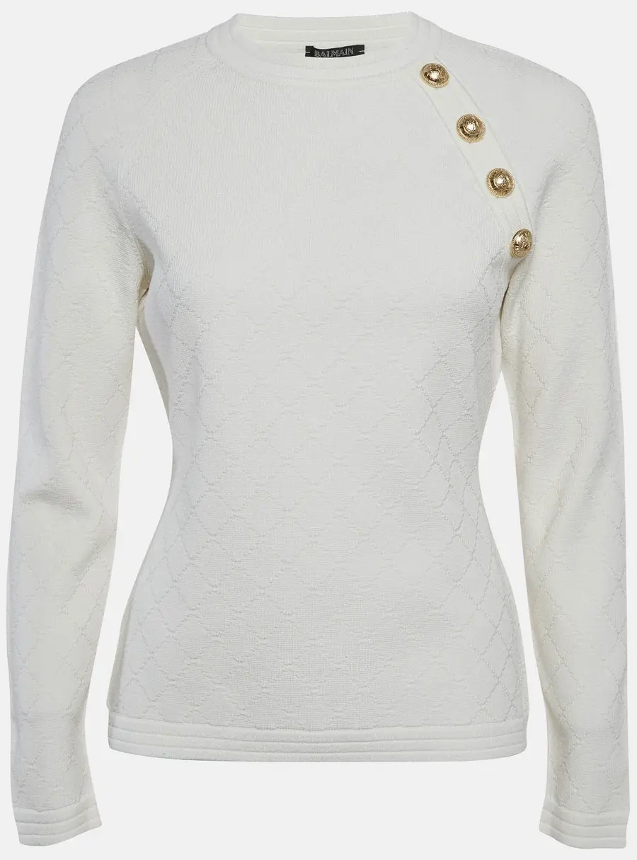 Balmain White Textured Knit Pullover L