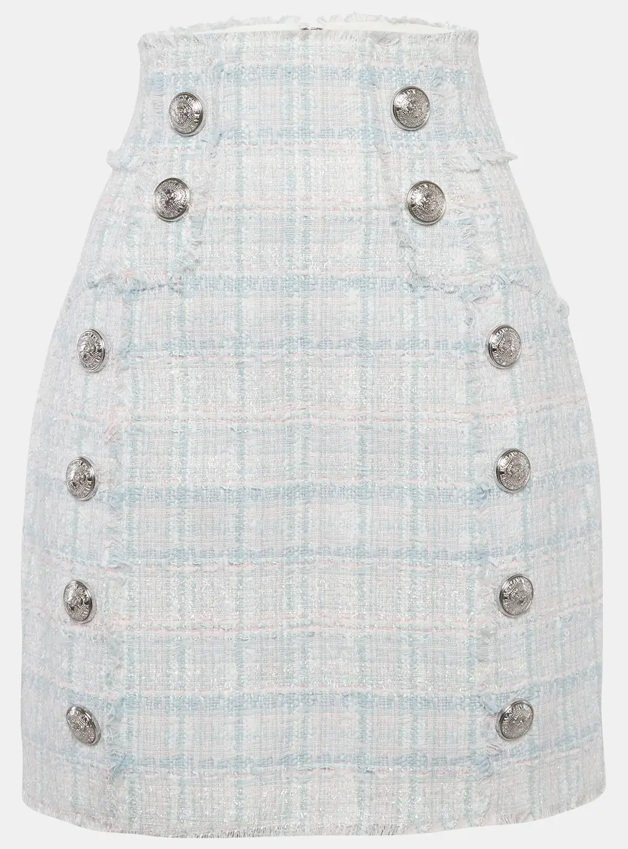 Balmain Sky Blue/Pink Tweed Button Detail High-Waist Skirt M