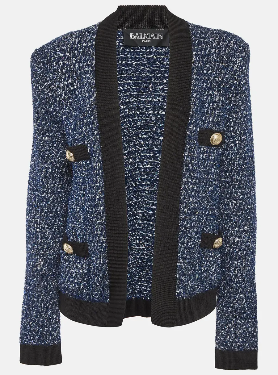 Balmain Blue Tweed Open Front Cardigan L