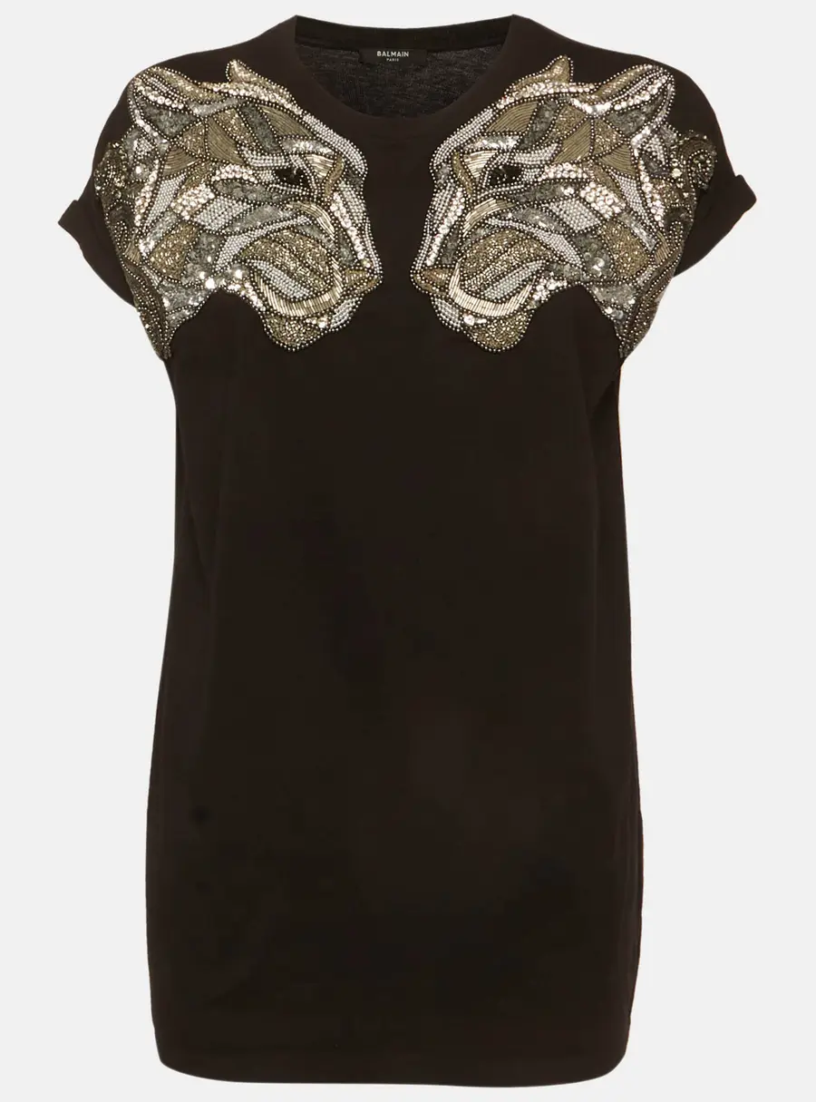 Balmain Black Jersey Embellished Signature Tiger T-Shirt XS
