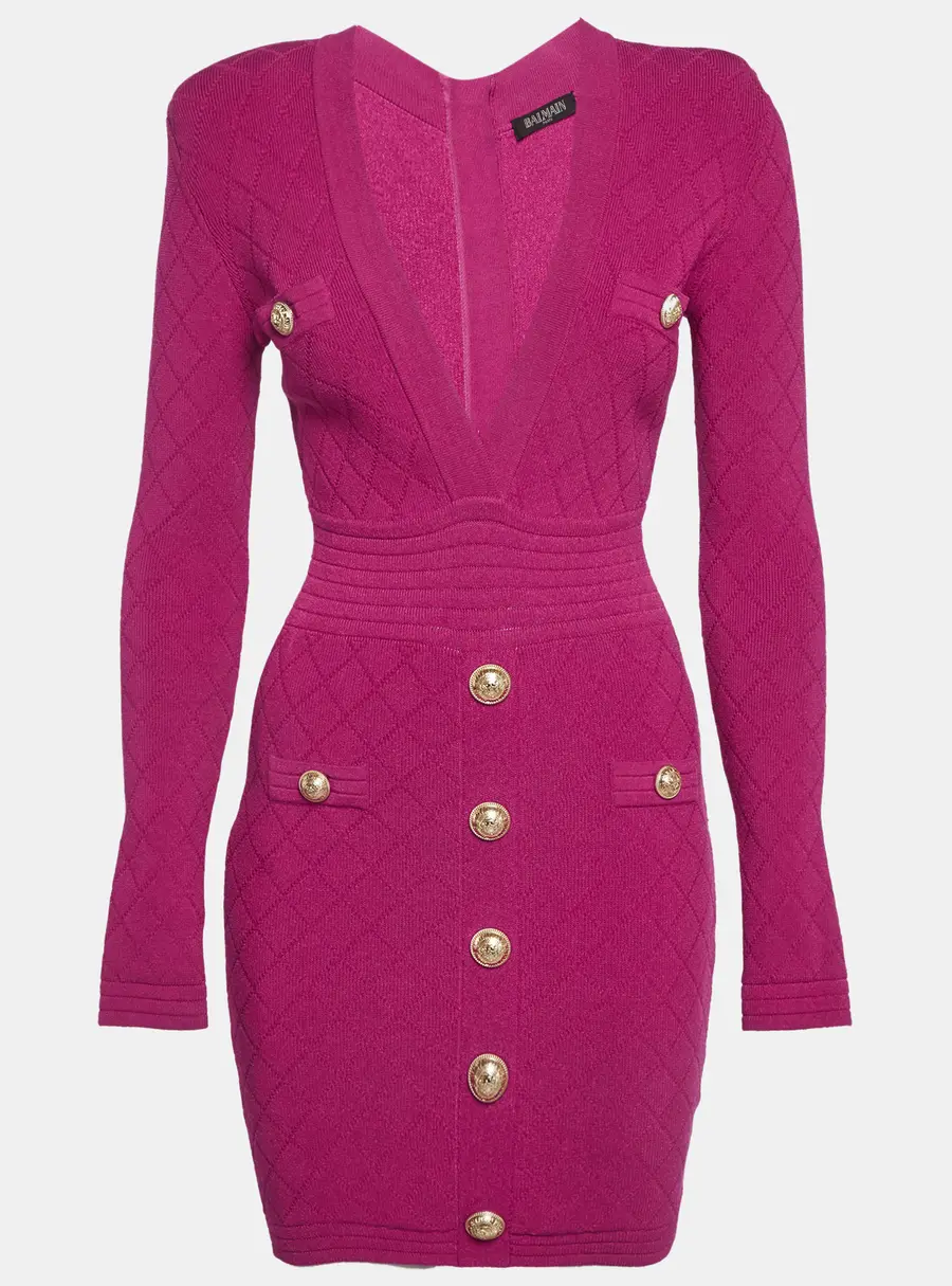 Balmain Fuchsia Pink Jacquard Knit Button Detail Mini Dress S