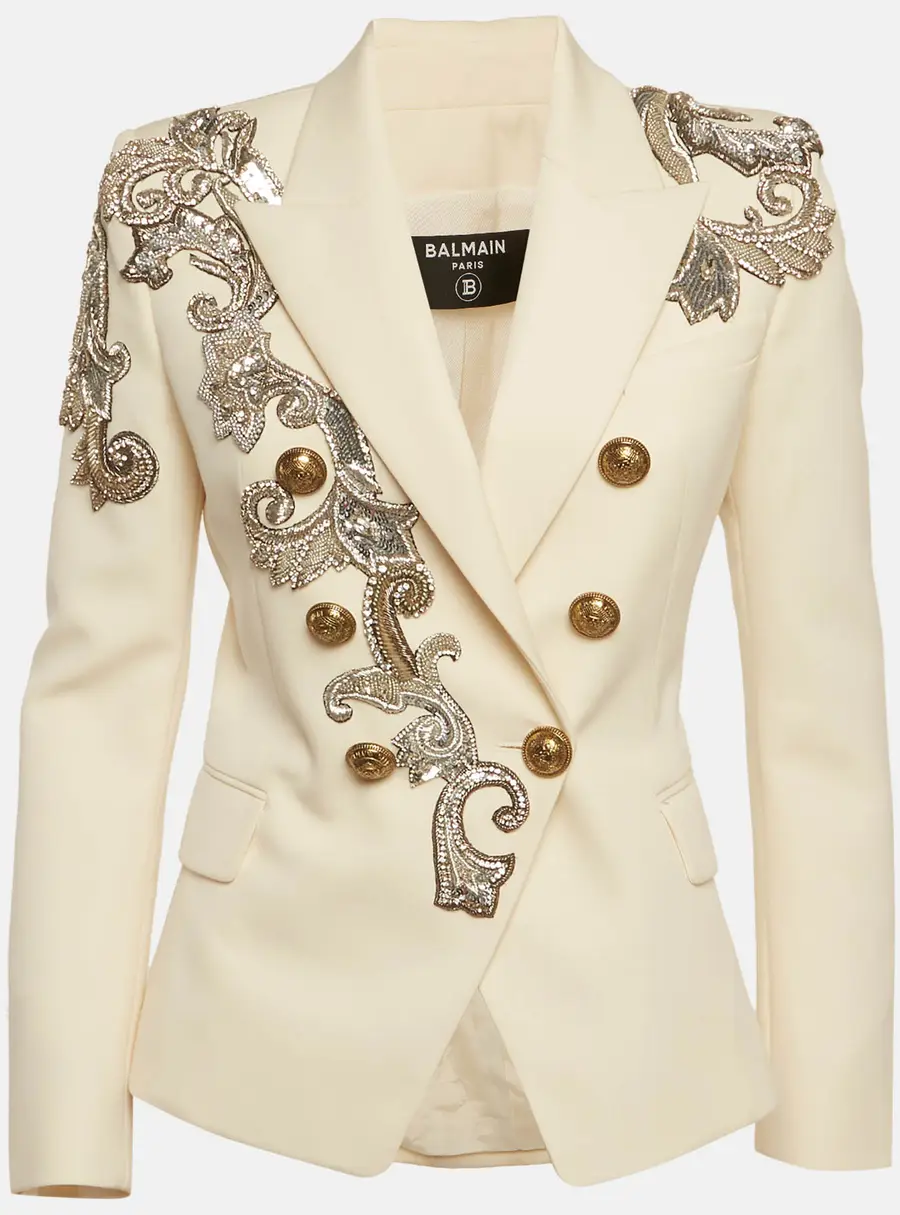 Balmain Cream Gabardine Embellished Double Breasted Blazer S