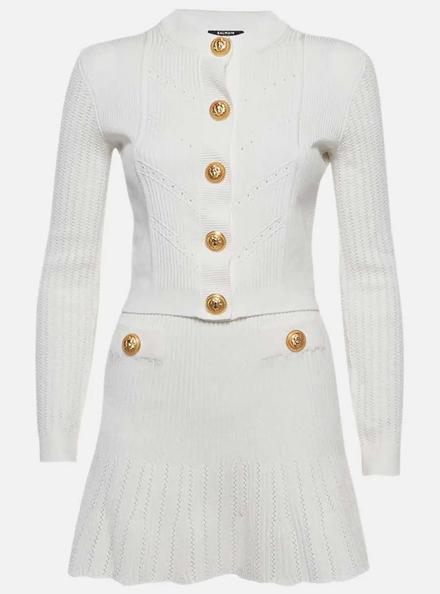 Balmain White Rib Knit Button Detail Skirt Set S