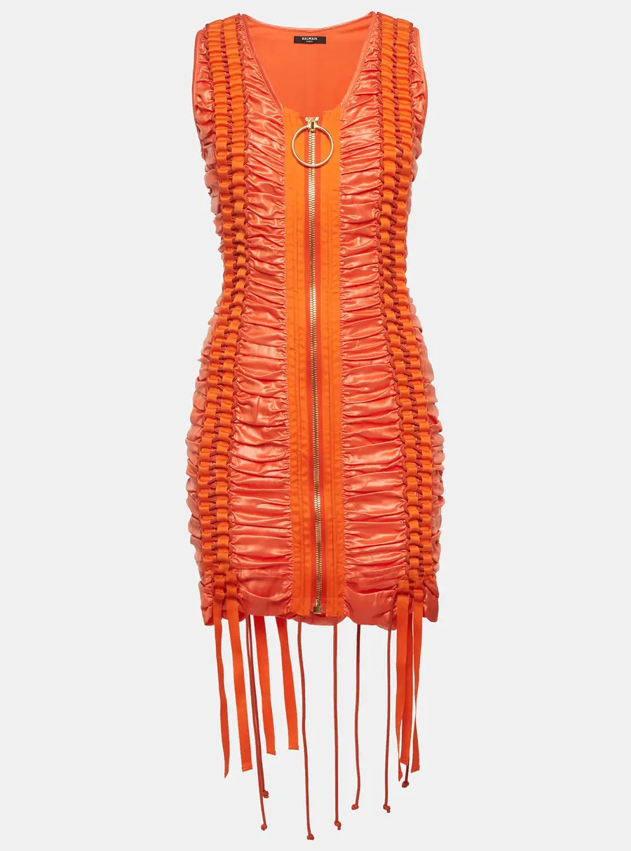 Balmain Orange Satin Lace Up Ruched Mini Dress S
