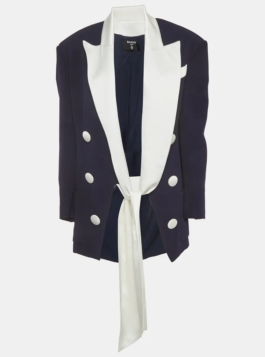 Balmain Navy Blue Crepe and Satin Collar Tie Up Blazer S