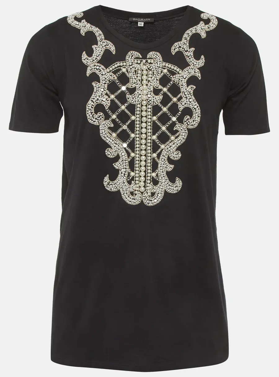 Balmain Black Pearl Embellished Jersey T-Shirt M
