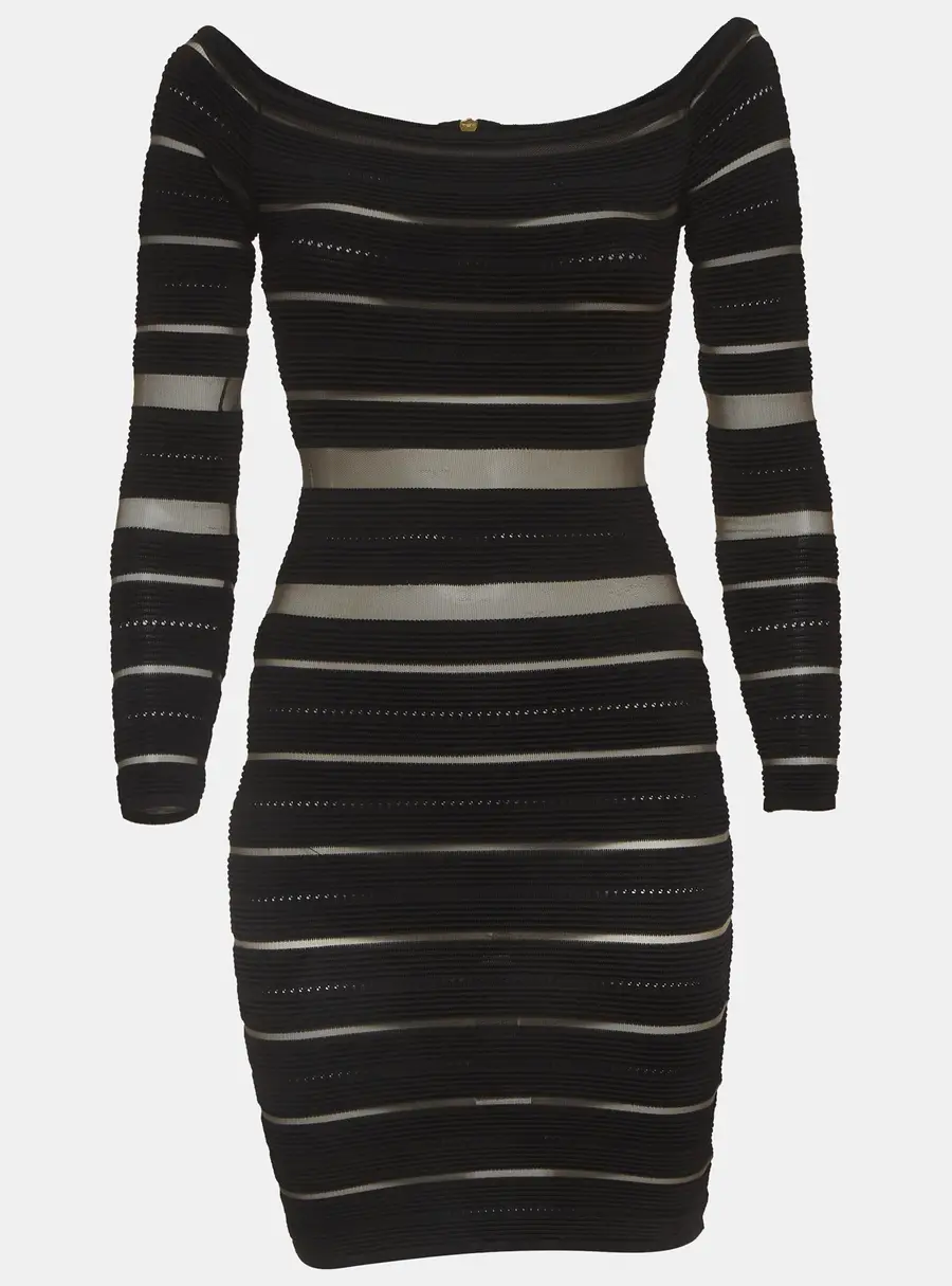 Balmain Black Sheer Striped Off-Shoulder Mini Dress S