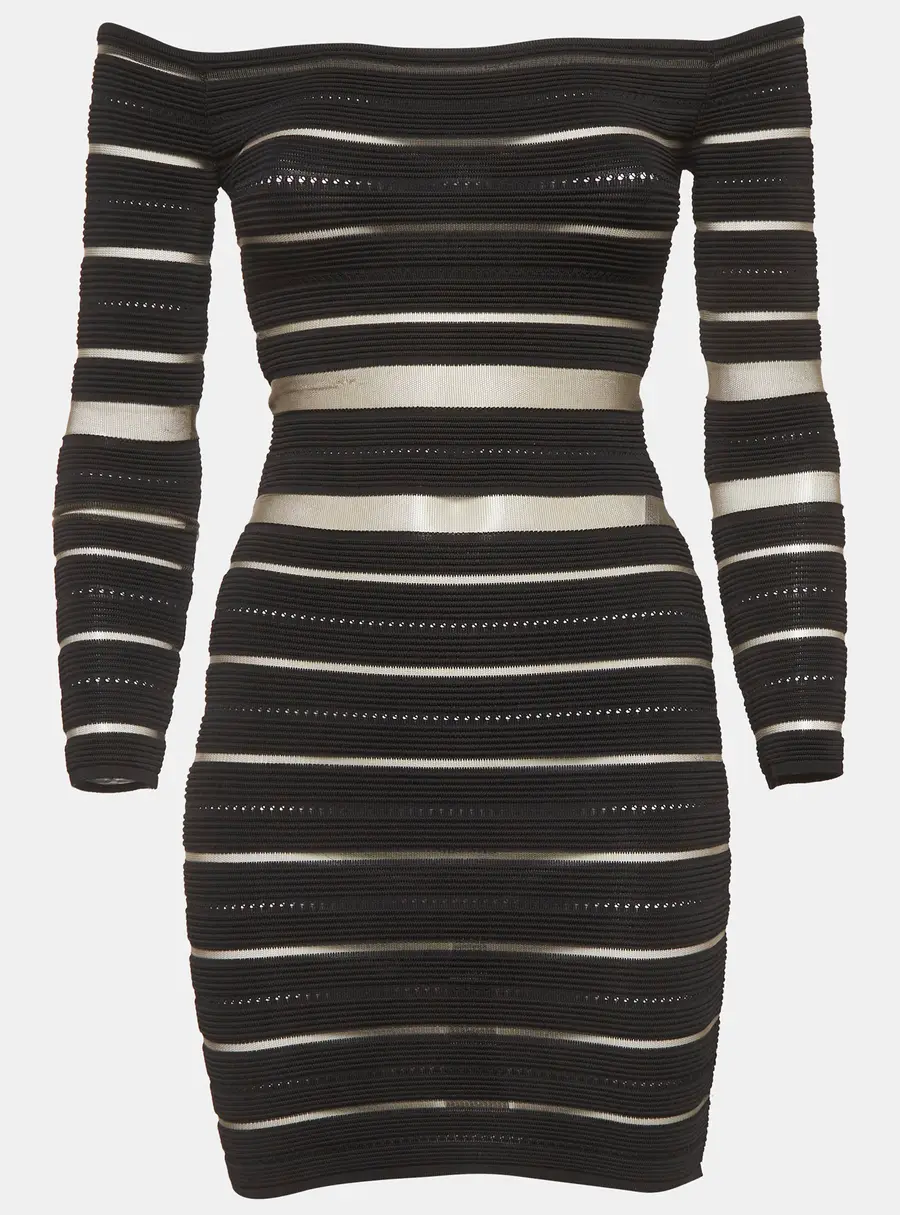 Balmain Black Striped Sheer Tulle and Knit Off-Shoulder Mini Dress S