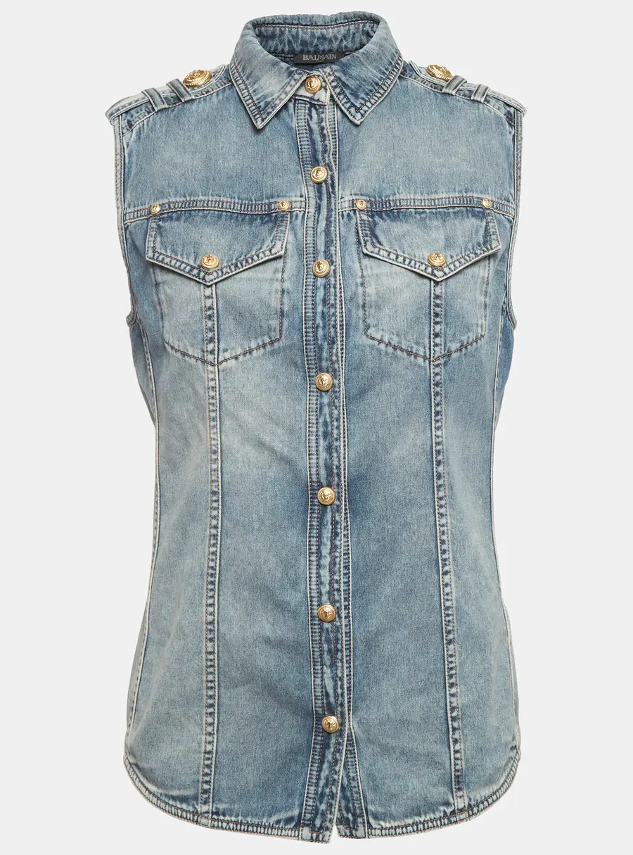 Balmain Blue Faded Denim Sleeveless Shirt M