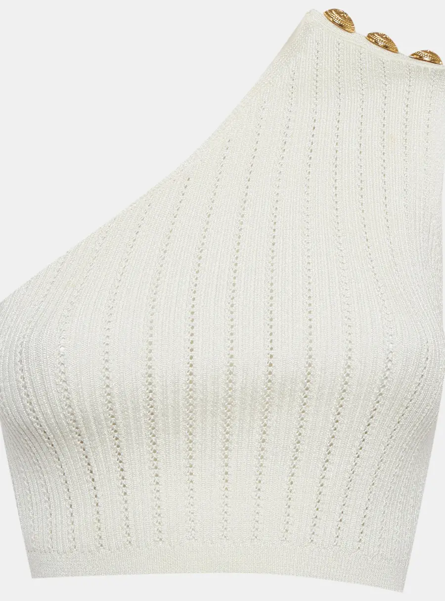Balmain White Pointelle Knit One Shoulder Top S