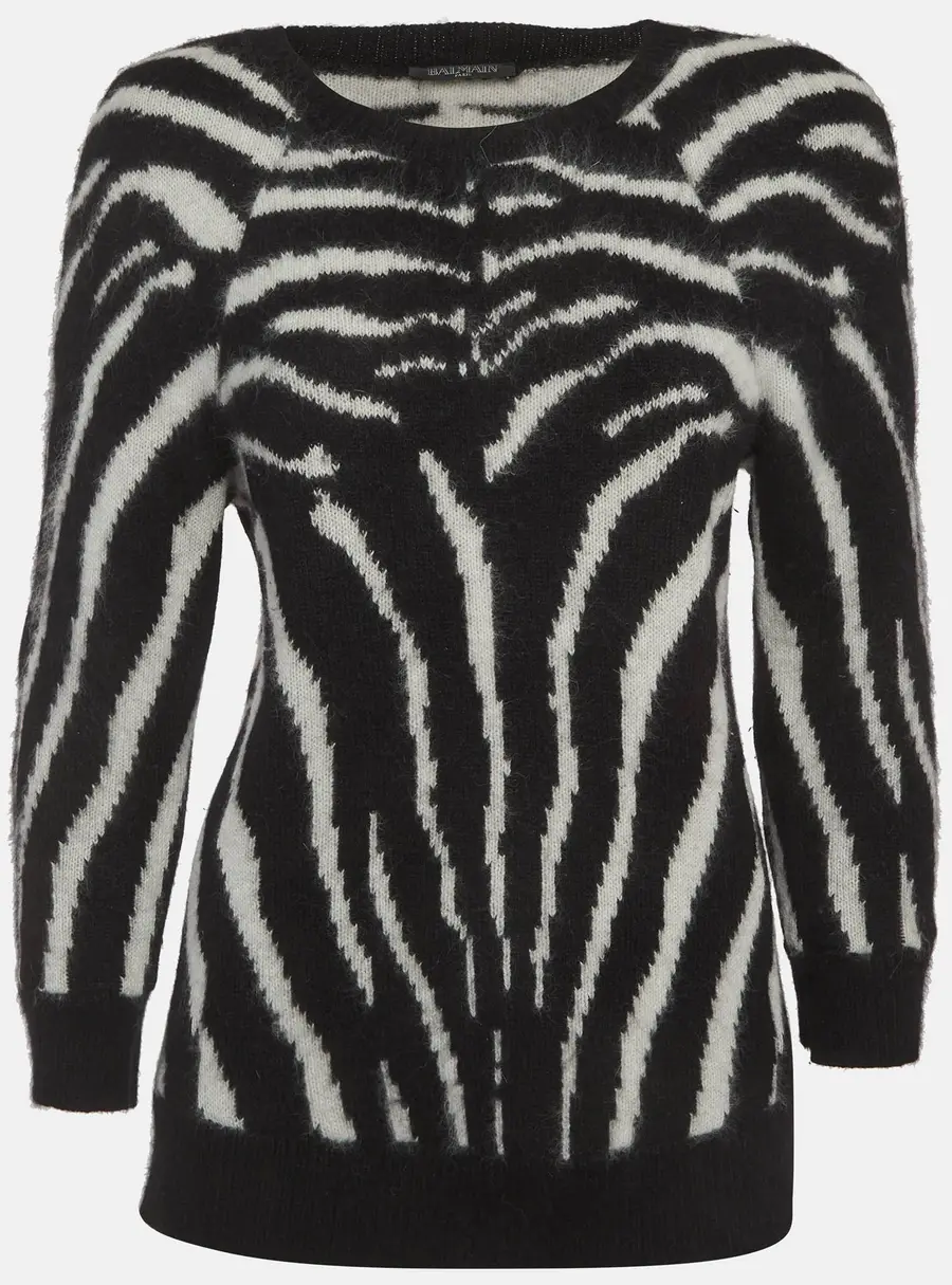 Balmain Black/White Zebra Print Wool Knit Raglan Sleeve Sweater S