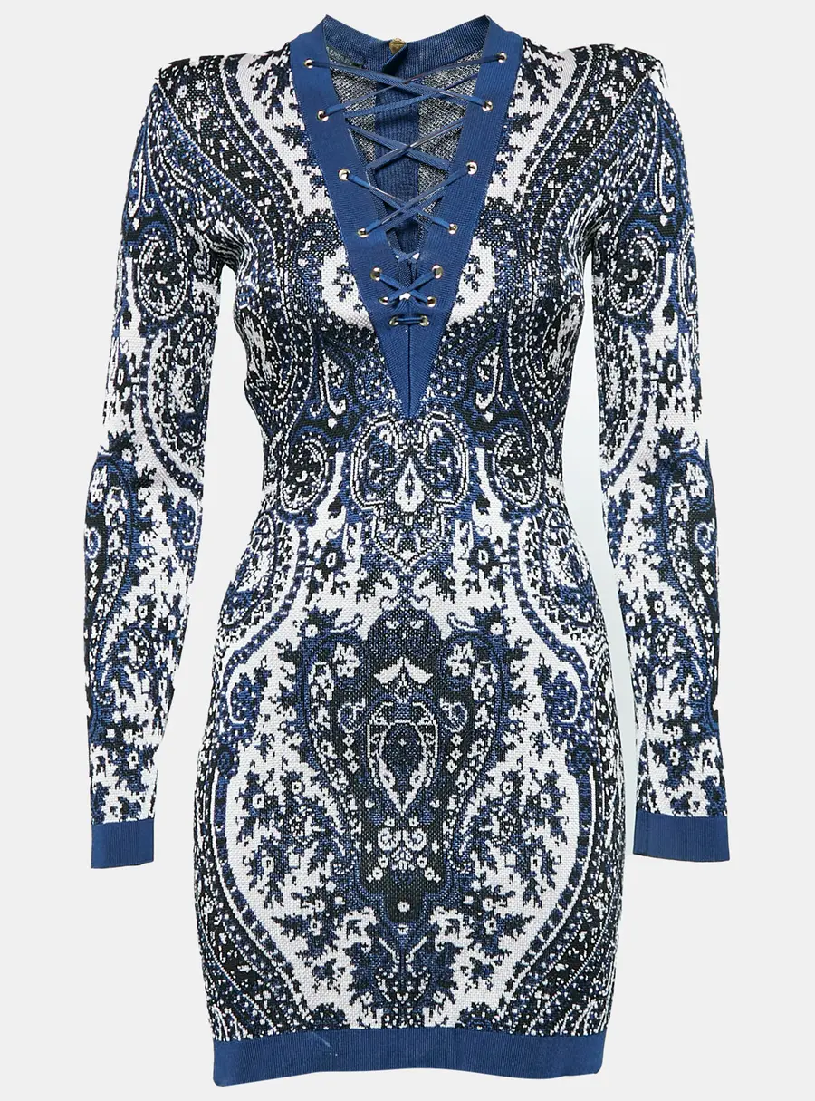 Balmain Blue Paisley Print Knit Lace-Up Mini Dress S