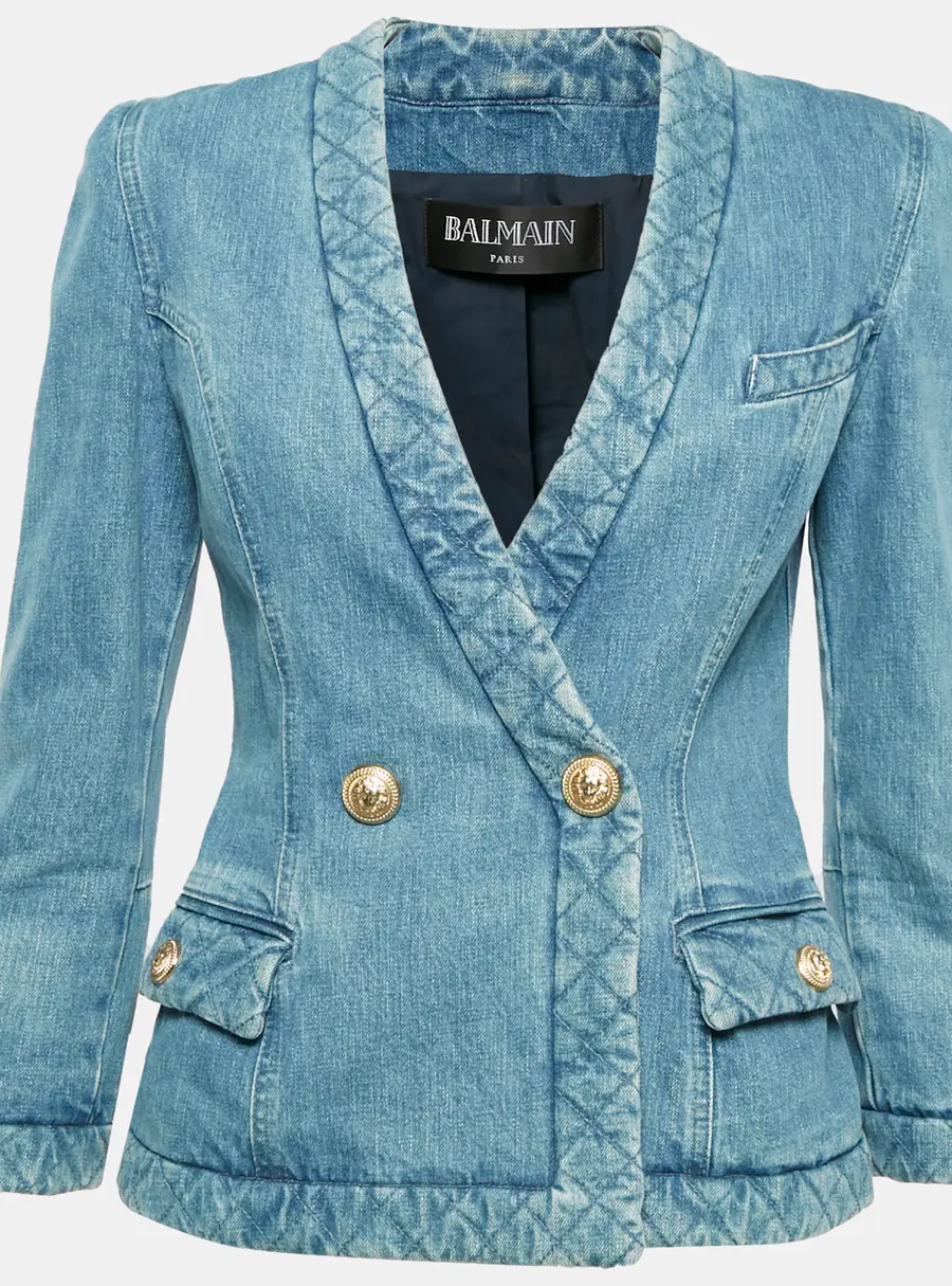 Balmain Blue Faded Denim Double Breasted Blazer S