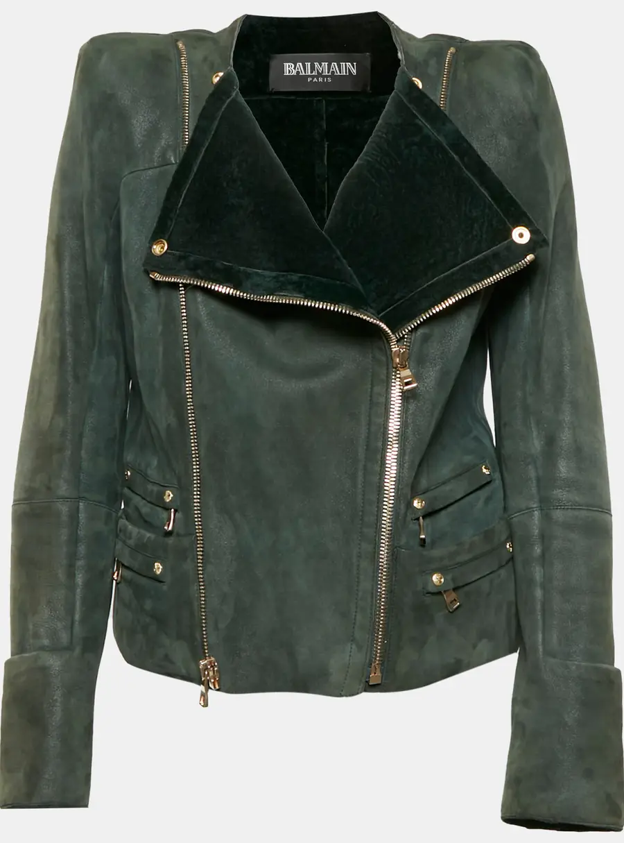 Balmain Green Suede Shearling Biker Jacket L