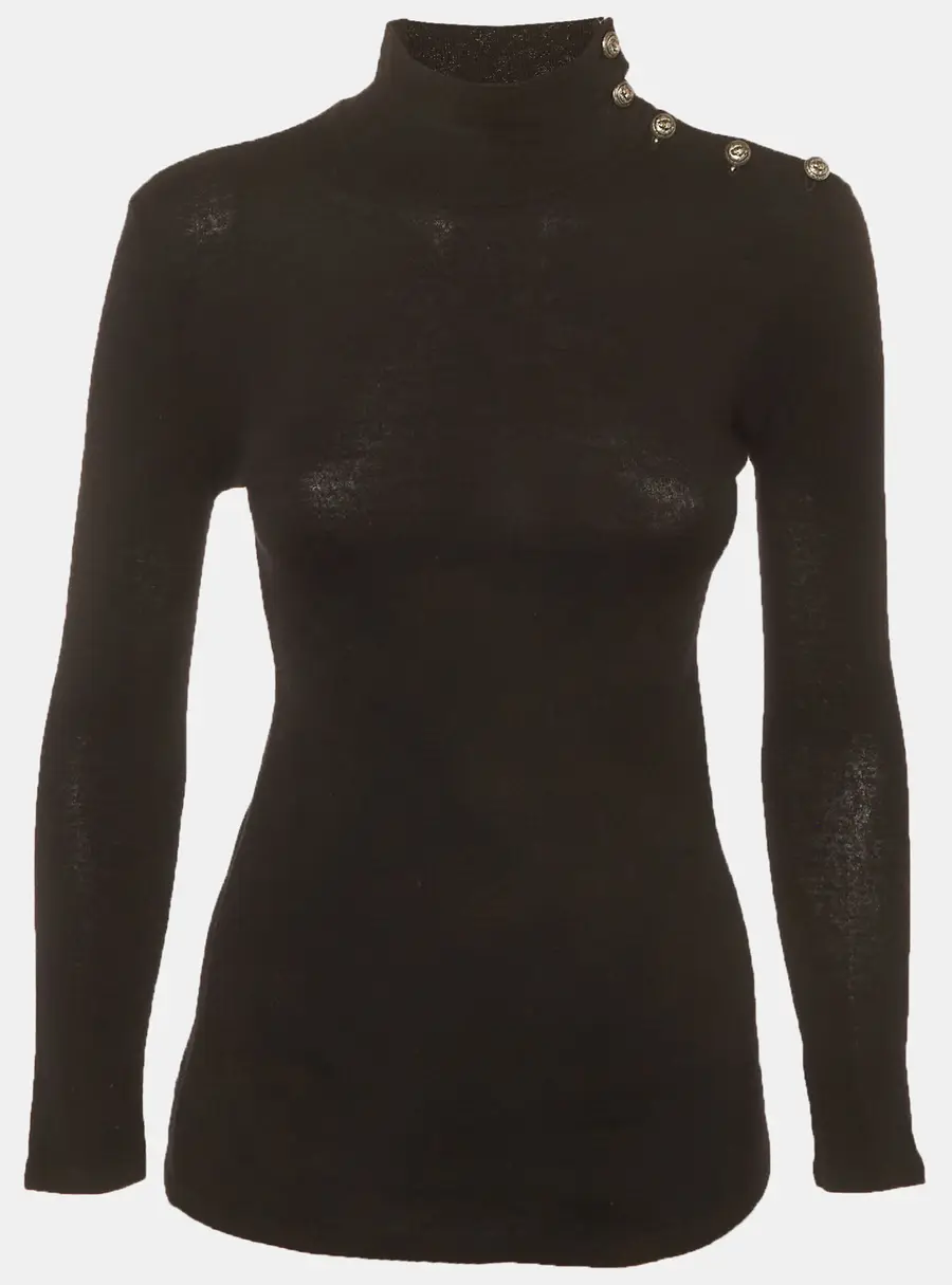 Balmain Black Wool Knit Button Detail Mockneck Jumper M