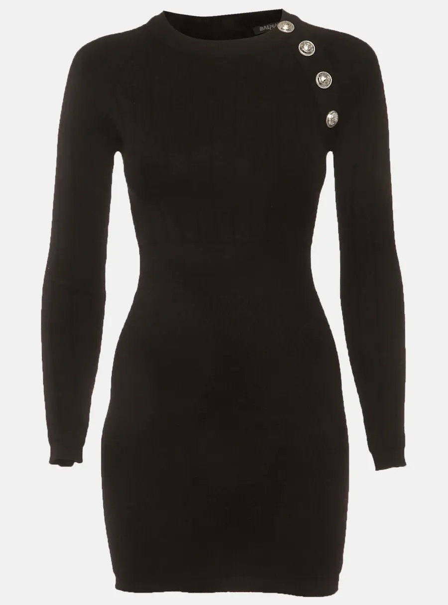 Balmain Black Wool Blend Knit Zip Up Mini Dress S
