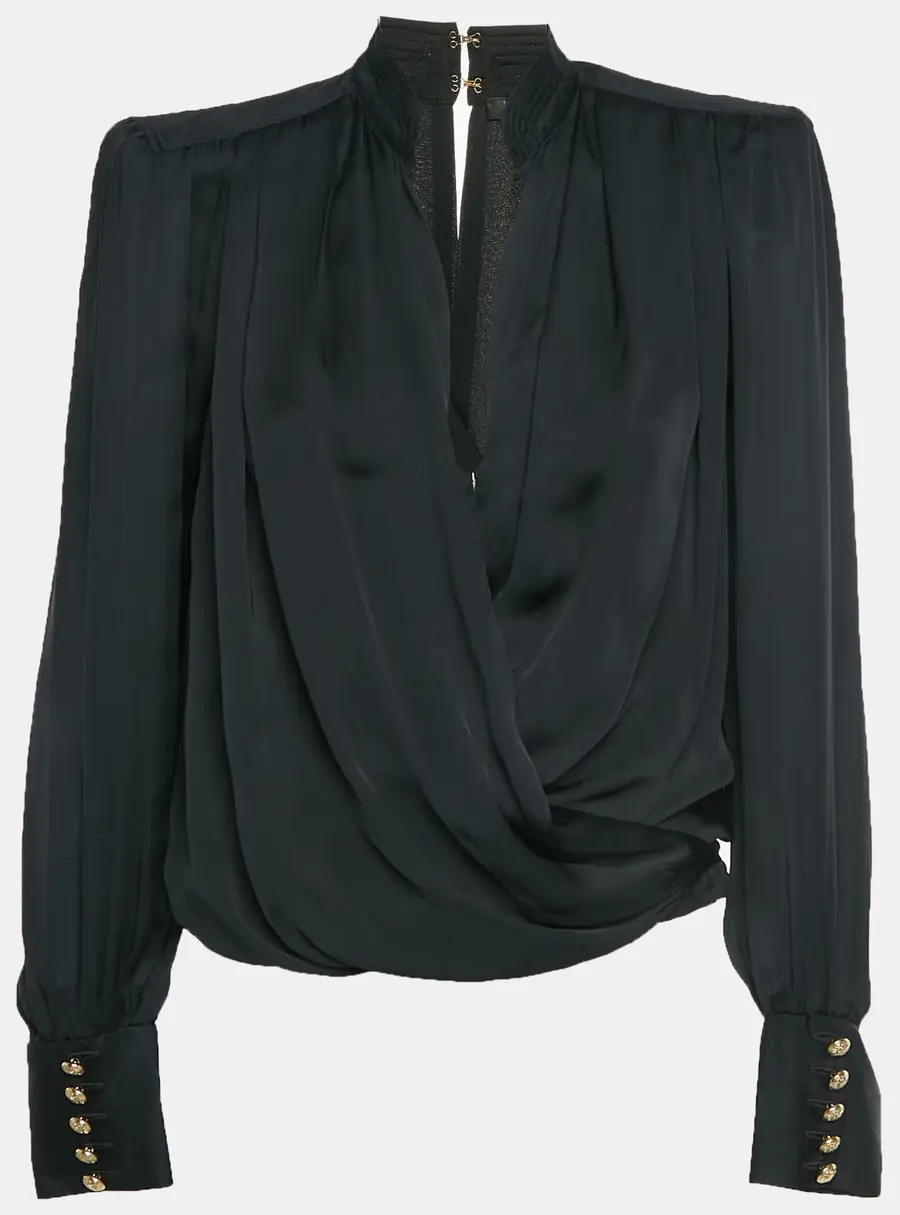 Balmain Black Satin Draped Long Sleeve Blouse S