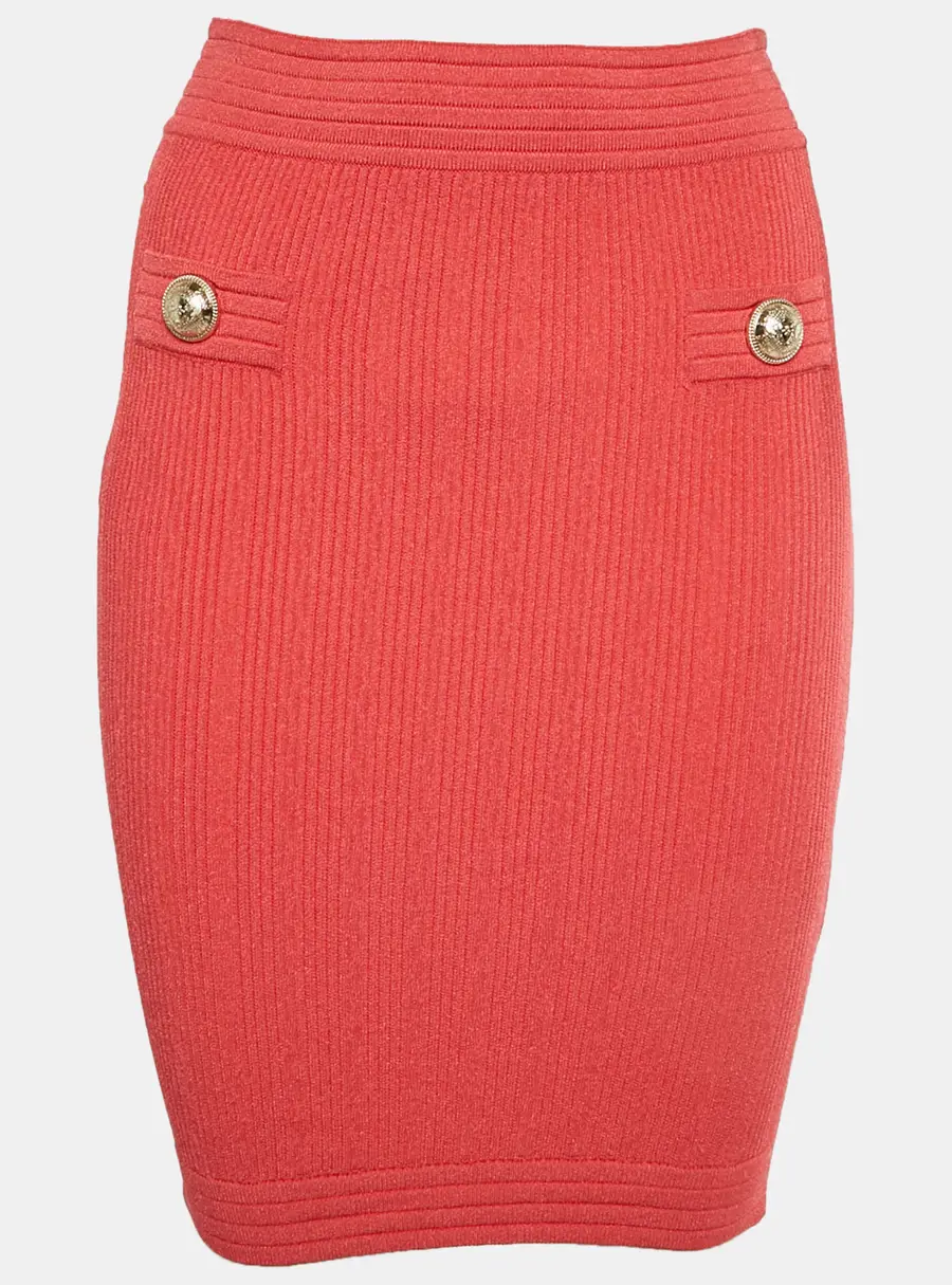 Balmain Salmon Red Rib Knit Pencil Skirt S