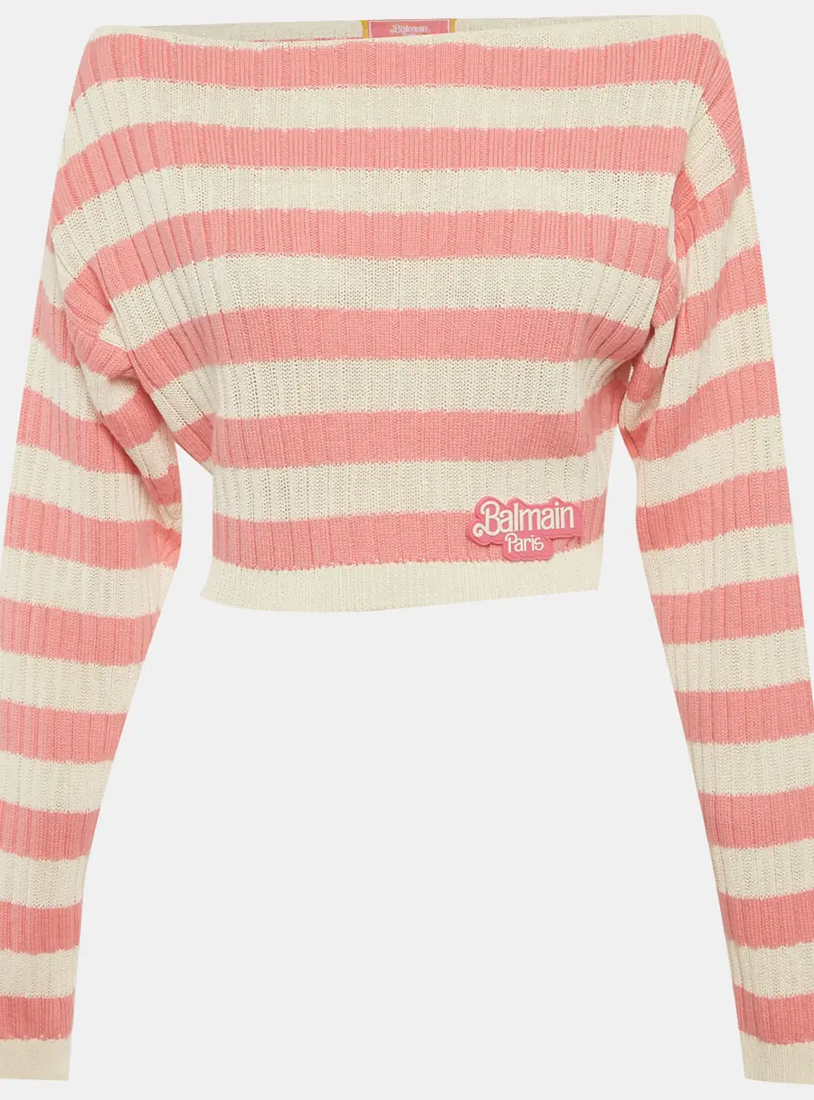 Balmain x Barbie White/Pink Striped Rib Knit Cropped Sweater S