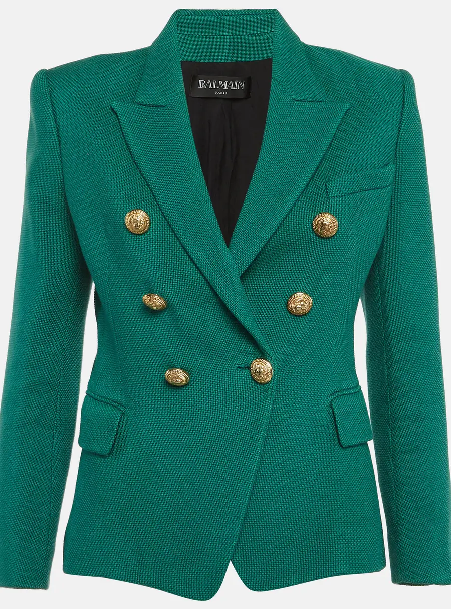 Balmain Green Cotton Basketweave Double Breasted Blazer M