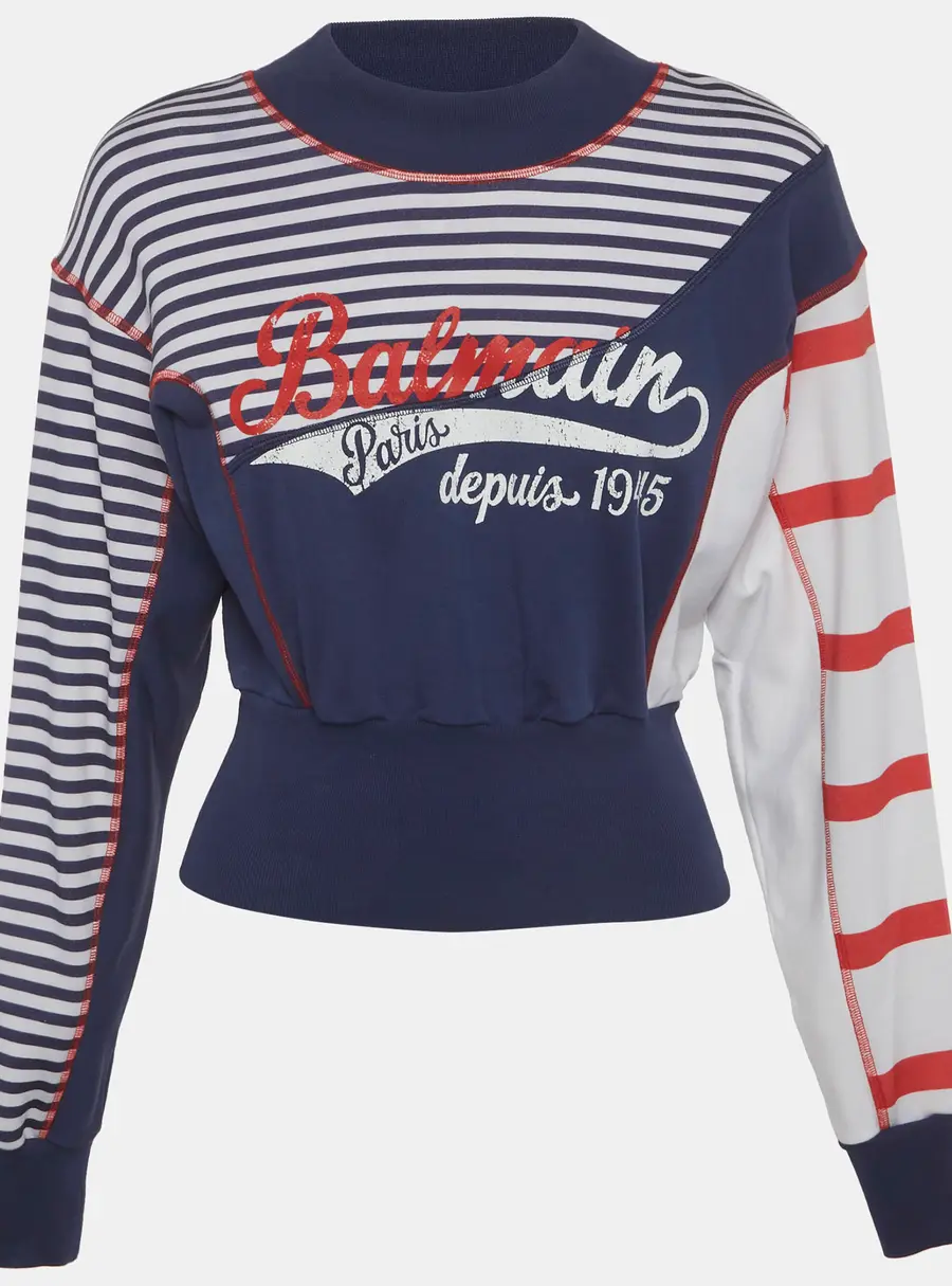 Balmain Blue/White Printed Cotton Crop Sweatshirt XXS