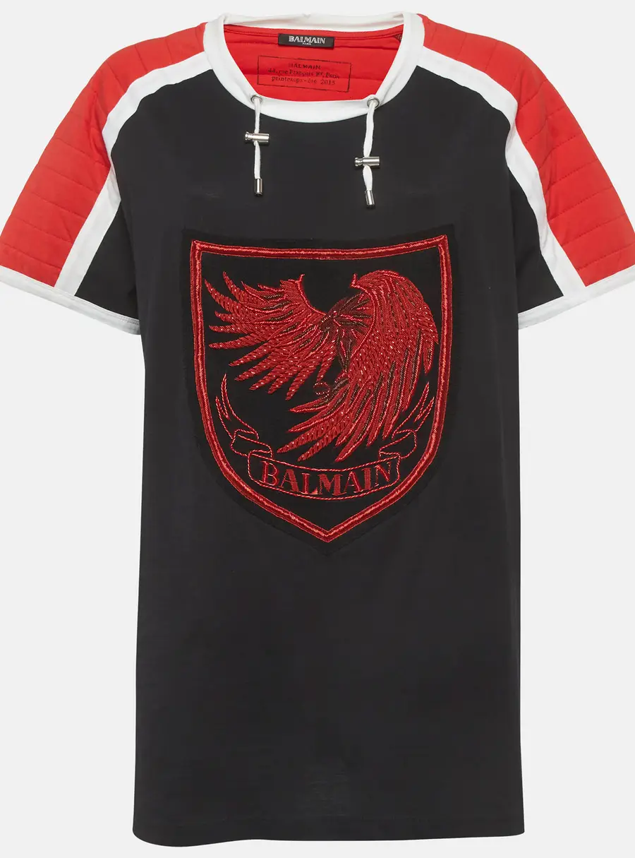 Balmain Black/Red Embroidered Jersey Short Dress XXL