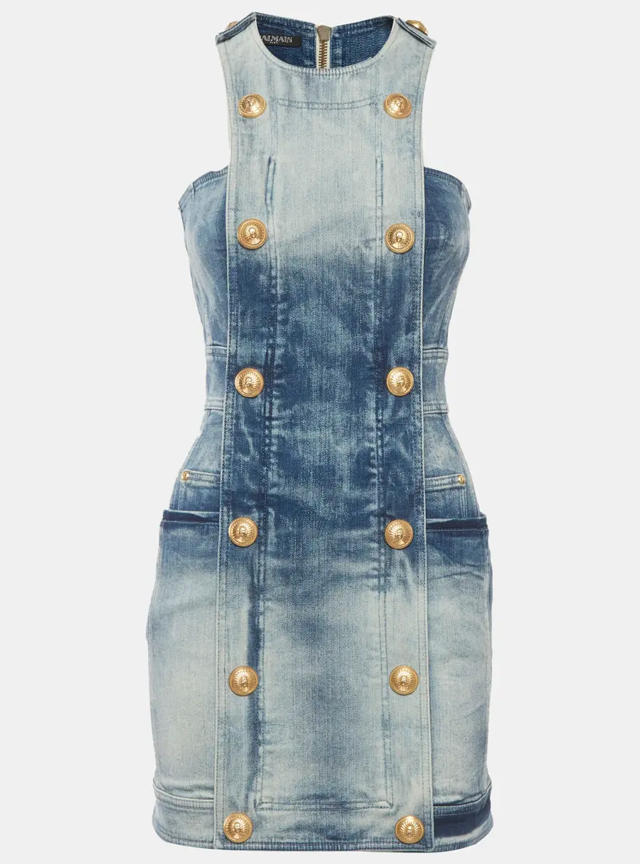 Balmain Blue Faded Denim Double Breasted Mini Dress S