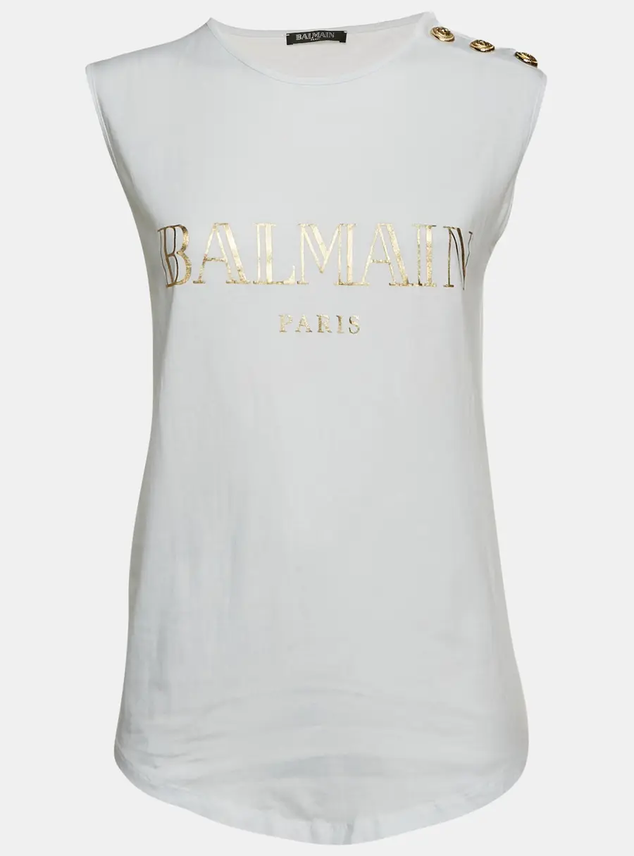 Balmain White Logo Print Cotton Knit Sleeveless Top M